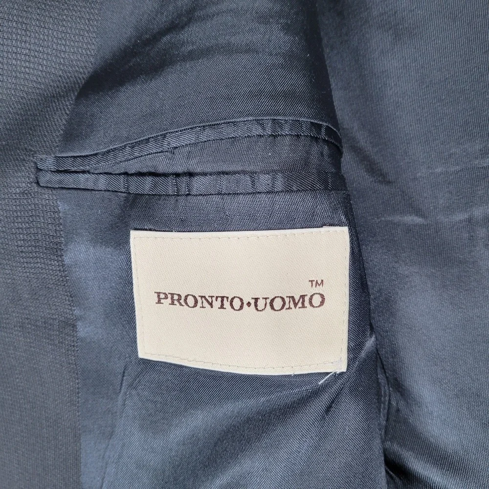 Pronto Uomo 100% Worsted Wool Blazer 40 Tall Blue Black 2 Button Made‎ in Canada